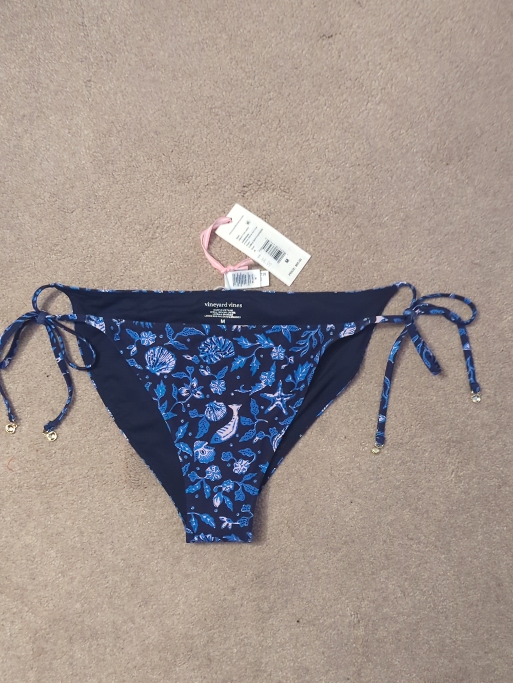 Vineyard Vines Navy and Blue Shell-Print Side-Tie Bikini Bottom Swimwear. Size M